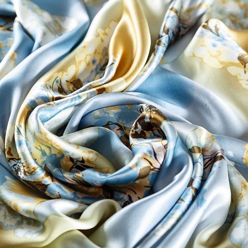 Шелк натуральный К30-242 бежево-голубой принтованный